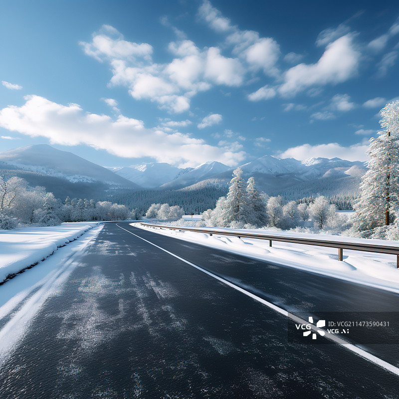 【AI数字艺术】蓝天白云下的雪山和高速道路图片素材