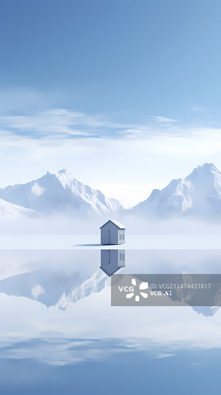 【AI数字艺术】数码白色雪山蓝天水面建筑场景图形海报背景图片素材