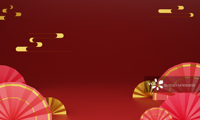 红色新年背景折扇祥云图片素材