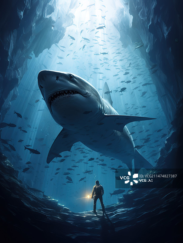 【AI数字艺术】蓝色深海海底的鲨鱼插图图片素材