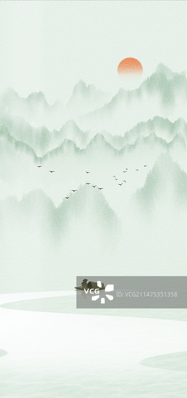 新中式水墨山水风景插画图片素材