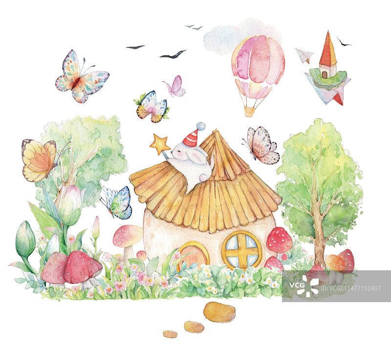 水彩手绘童话故事野外乡村森林王国中可爱的小白兔在大自然茅草屋房顶上抓蝴蝶许愿童趣儿童插画图片素材