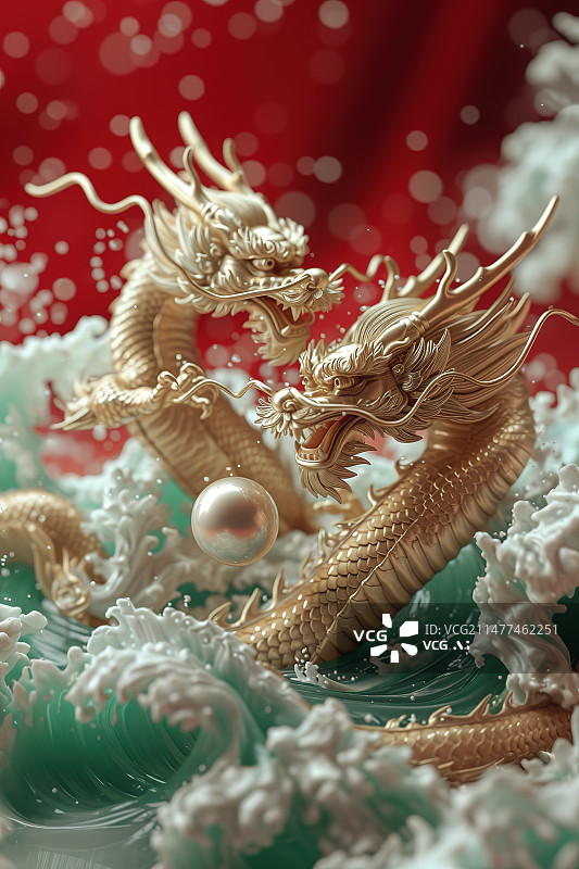 【AI数字艺术】龙年春节主题3D插画——二龙戏珠图片素材