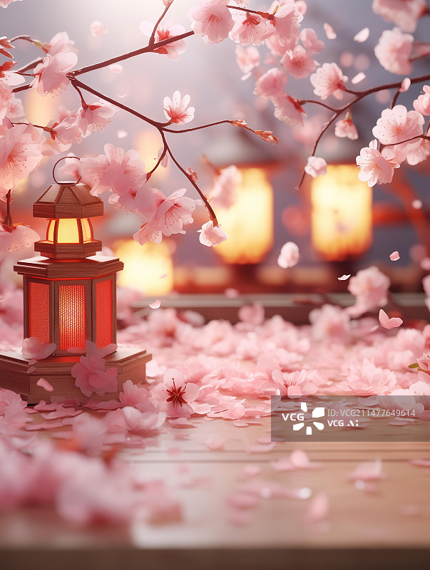 【AI数字艺术】唯美梅花灯笼春节氛围背景插画图片素材