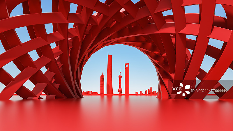 3D渲染晴朗天空红色背景下的建筑结构和城市天际线图片素材