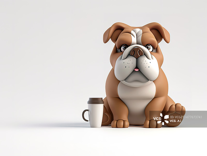 【AI数字艺术】卡通的可爱的斗牛犬和杯子插图图片素材