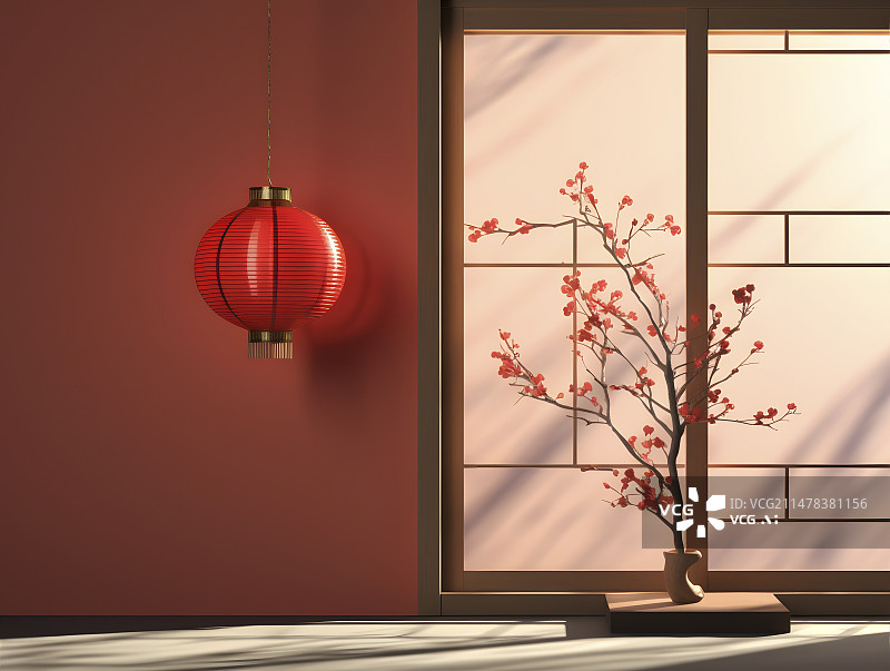 【AI数字艺术】室内红灯笼梅花窗户中国风背景图片素材