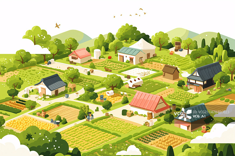 【AI数字艺术】春天乡村场景插画，房屋和农田概念插图图片素材