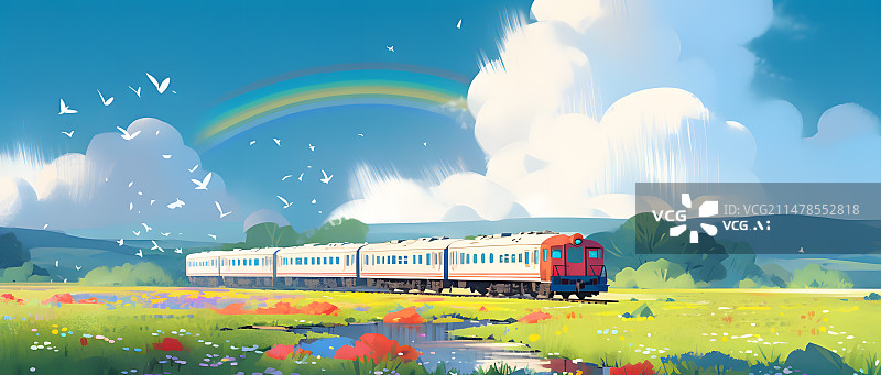 【AI数字艺术】彩虹下的列车插画图片素材