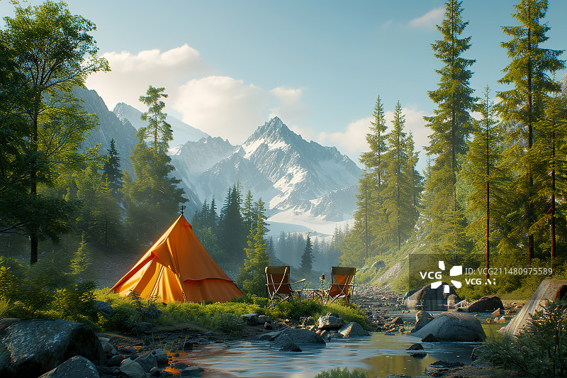 【AI数字艺术】森林中的帐篷和热气球——露营探险概念插画图片素材