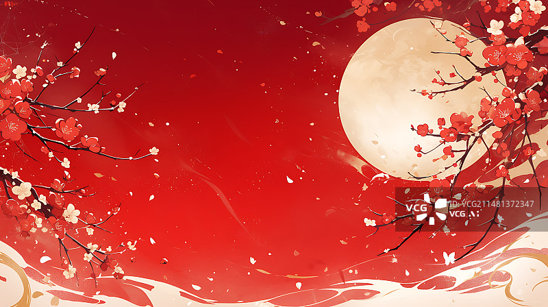 【AI数字艺术】春节元宵节雪落在红梅上红色背景插画图片素材
