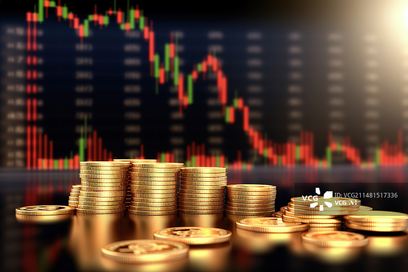 【AI数字艺术】K线图背景下的许多金币——金融股票市场概念图片素材