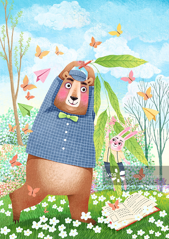 可爱有趣的动物插画 提着树叶的棕熊和兔子图片素材