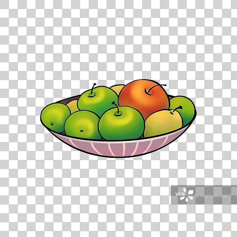 手绘水果插画元素，放在果盘里的青苹果与红苹果与梨。图片素材