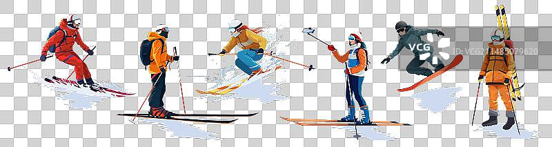一套冬季滑雪者在不同的位置图片素材