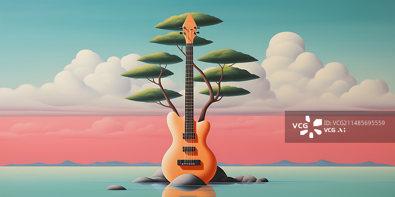 【AI数字艺术】音乐节吉他云朵湖面音乐唯美清新插画背景图片素材