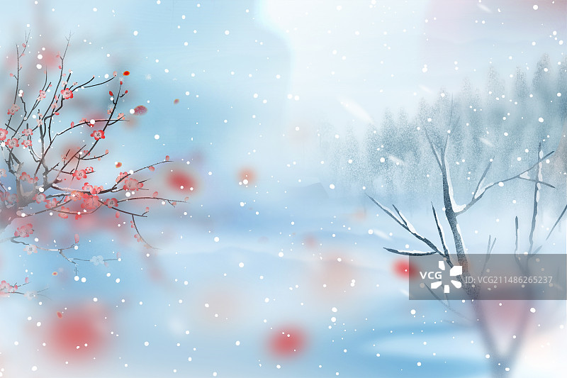 弥散风中国风二十四节气系列插画-冬天 雪天的枯树与盛开的腊梅风景插画 运动模糊背景 横版图片素材