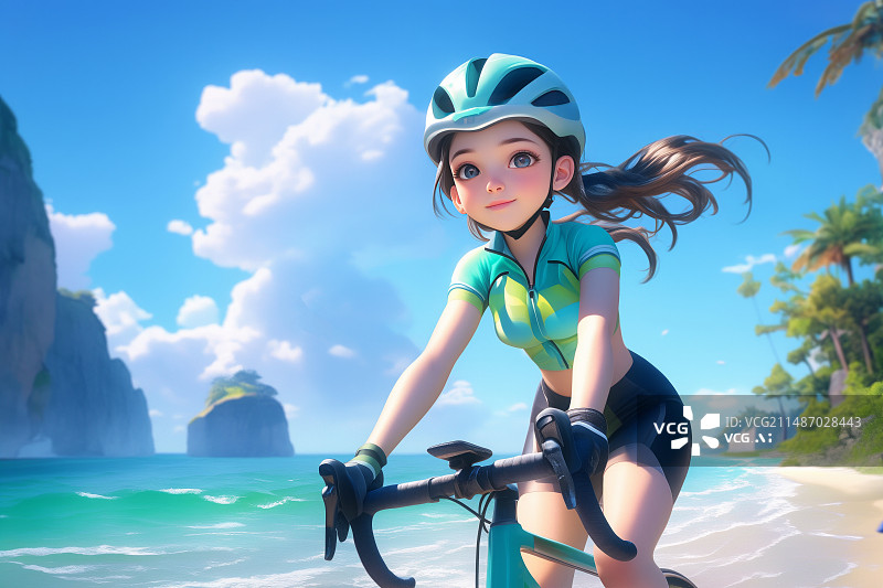 【AI数字艺术】一个在海边骑自行车的女孩图片素材
