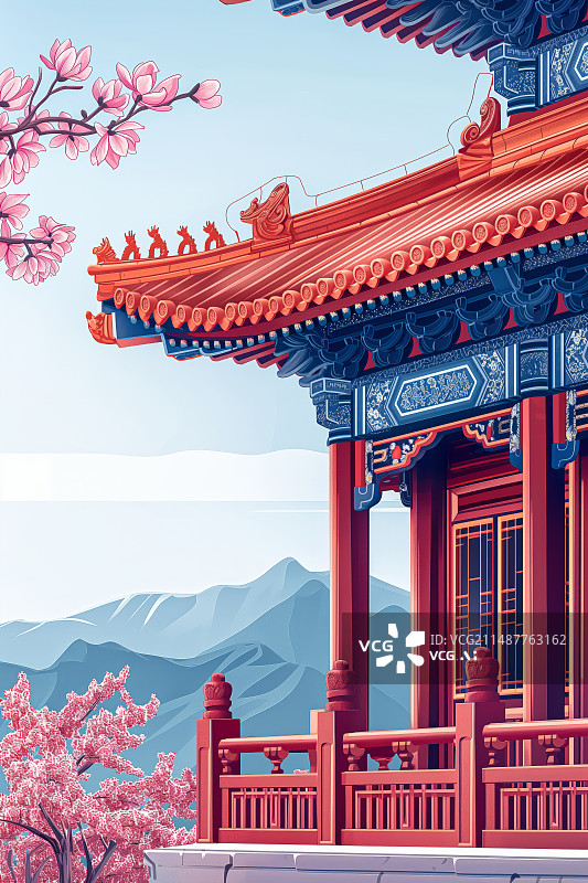 【AI数字艺术】春天中国古典建筑旁盛开着鲜花图片素材