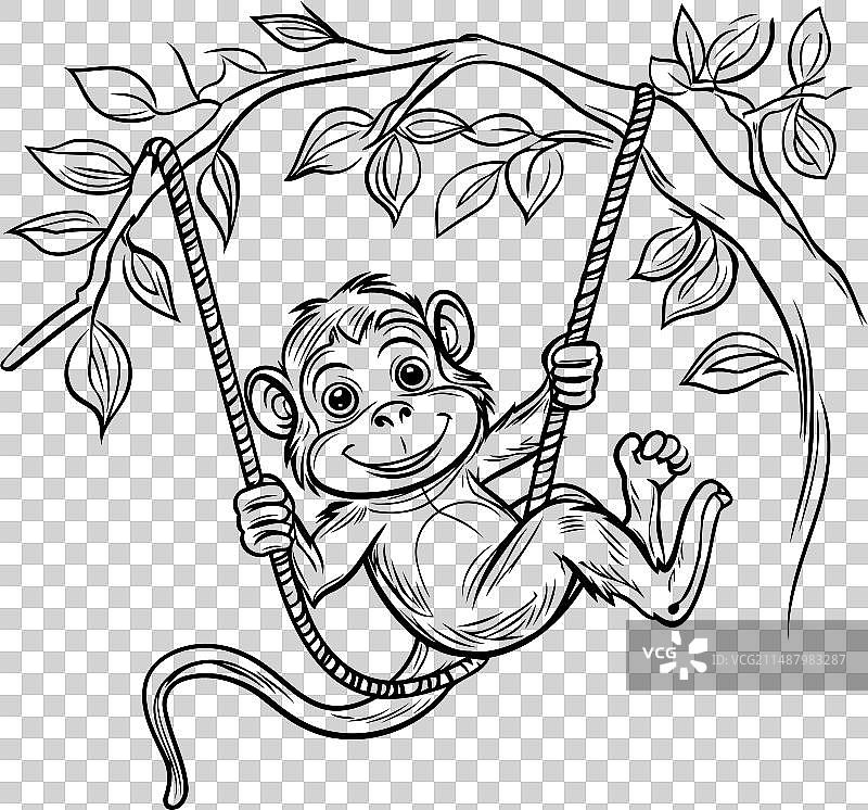 猴子在树枝上荡秋千的素描风格图片素材