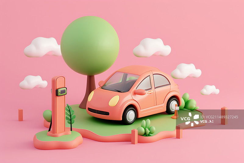 【AI数字艺术】新能源汽车汽充电3D卡通插画图片素材