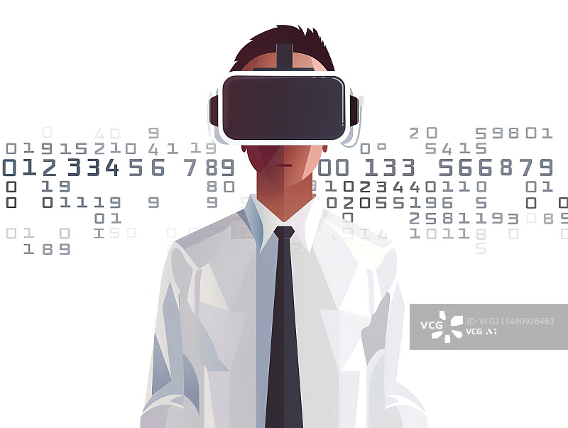【AI数字艺术】穿着白衬衫打领带的商务男士带着VR眼镜插图图片素材