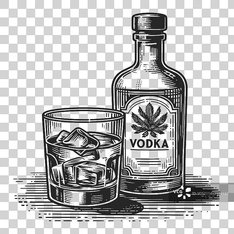 伏特加酒瓶和玻璃雕刻草图图片素材