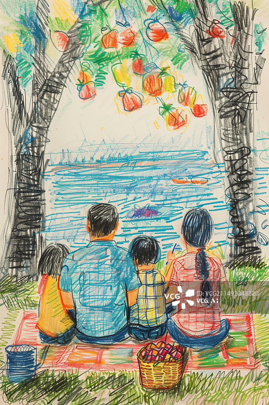 【AI数字艺术】爸爸妈妈带孩子在公园里野餐春游的儿童画图片素材
