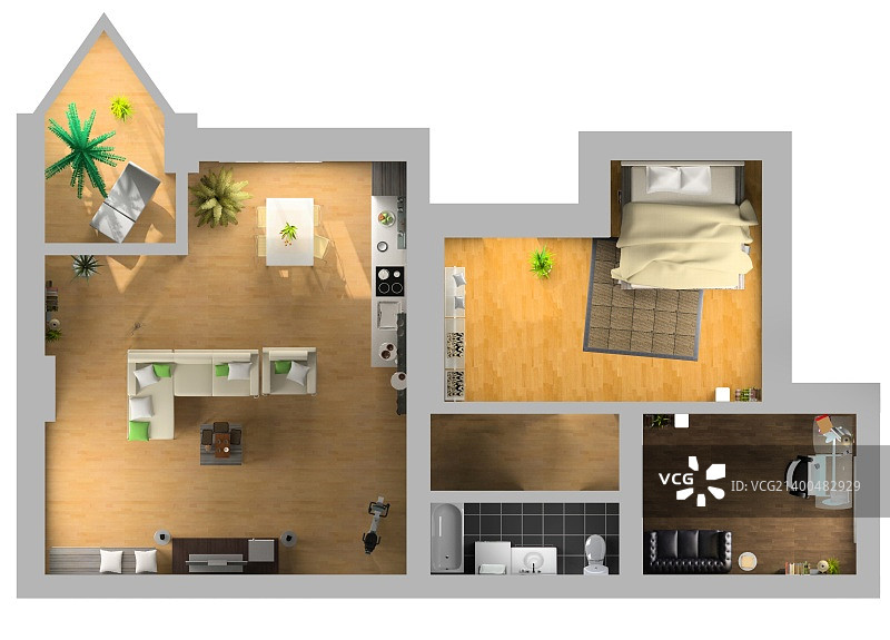 现代室内俯视图(私人公寓3d渲染)图片素材