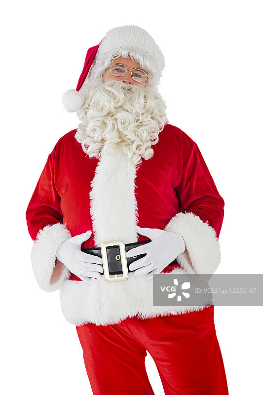 圣诞老人把他的肚子放在白色的背景上图片素材