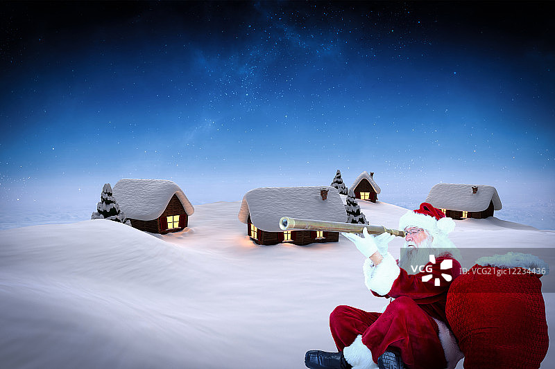 圣诞老人透过望远镜看着蓝天下的白云图片素材