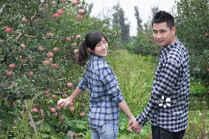 Young couple in orchard图片素材