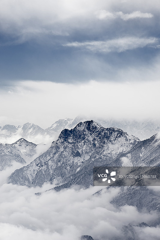 云海缭绕的四川牛背山雪山图片素材