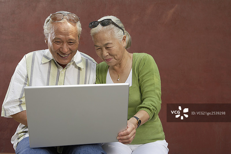 老年夫妇使用笔记本电脑图片素材