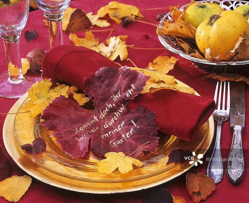 黄色的盘子，红色的餐巾，葡萄叶图片素材