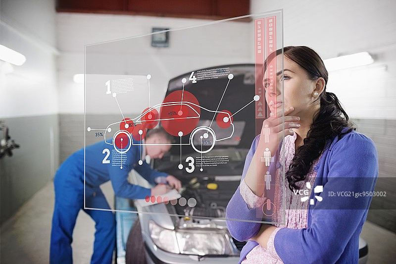 汽车技工与客户看未来的界面与汽车图表图片素材