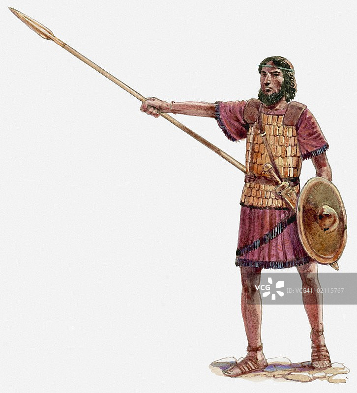 《约书亚记》中约书亚在艾城战役中手持标枪的插图图片素材