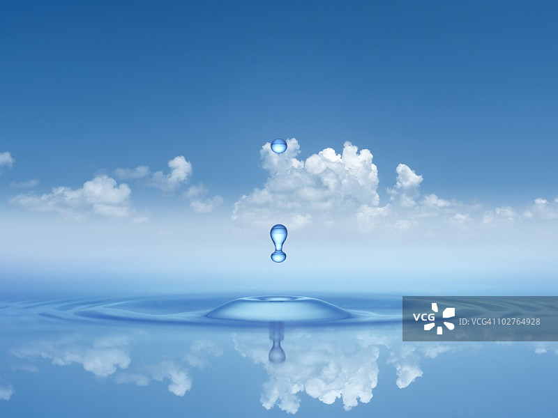 水滴落在水面，形成同心圆，与蓝色的多云天空。图片素材