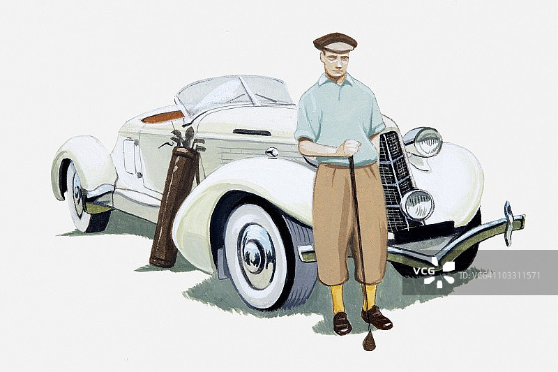 插图的一个人与高尔夫球套件站在1935年奥本汽车前图片素材