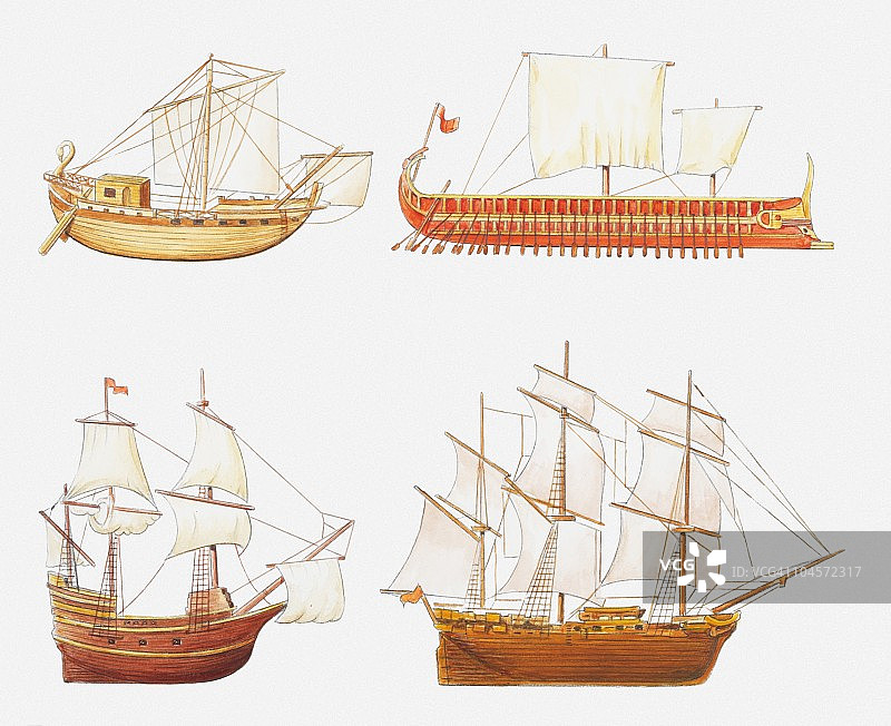 四艘历史船只的插图，罗马商船，古希腊的三列米战列舰，五月花号(1620年)和护卫舰HMS潘多拉号(1780年)图片素材
