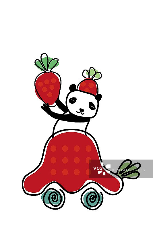 熊猫抱着草莓，骑着草莓做的车图片素材