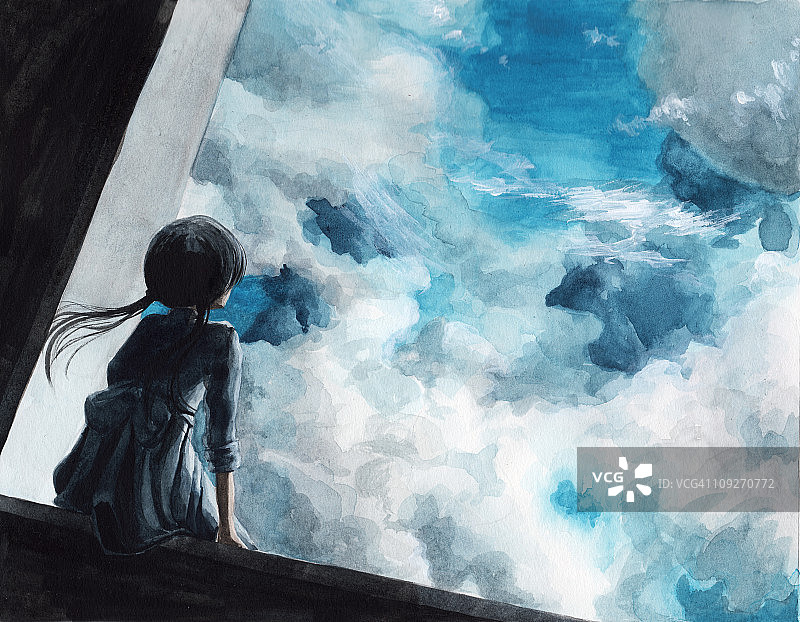 一幅年轻女孩望着云朵的画图片素材