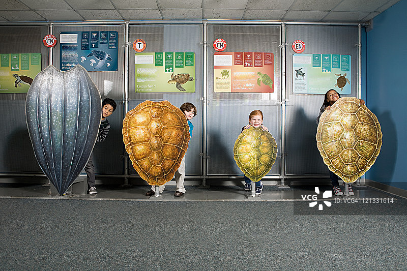 四个朋友站在海龟壳后面图片素材