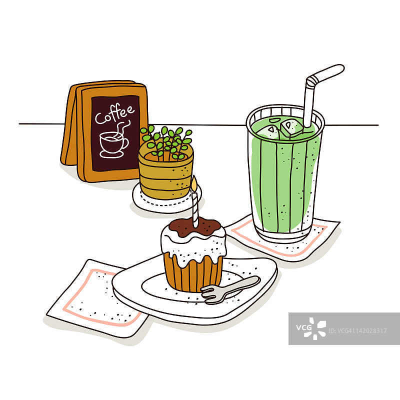 蛋糕和果汁与盆栽植物图片素材