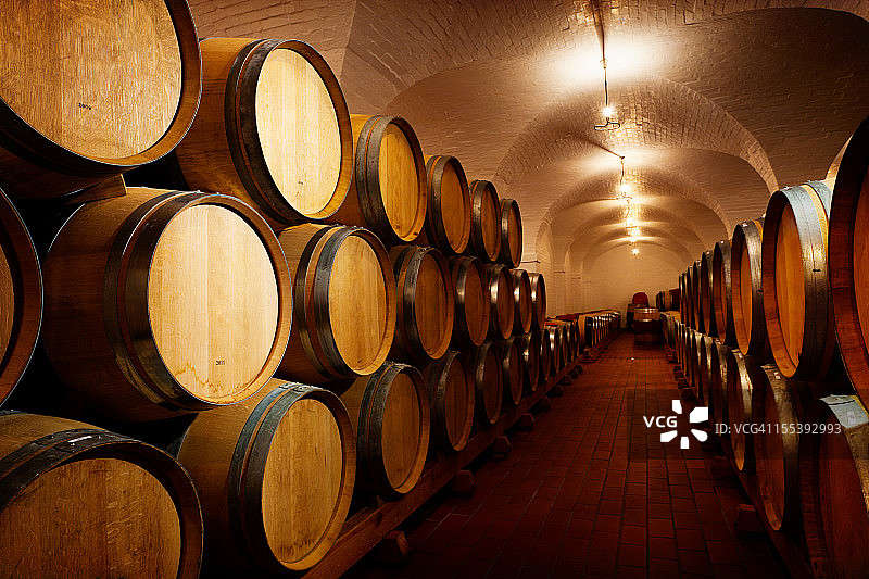 很多未来的葡萄酒!在酒窖中成熟的橡木桶图片素材