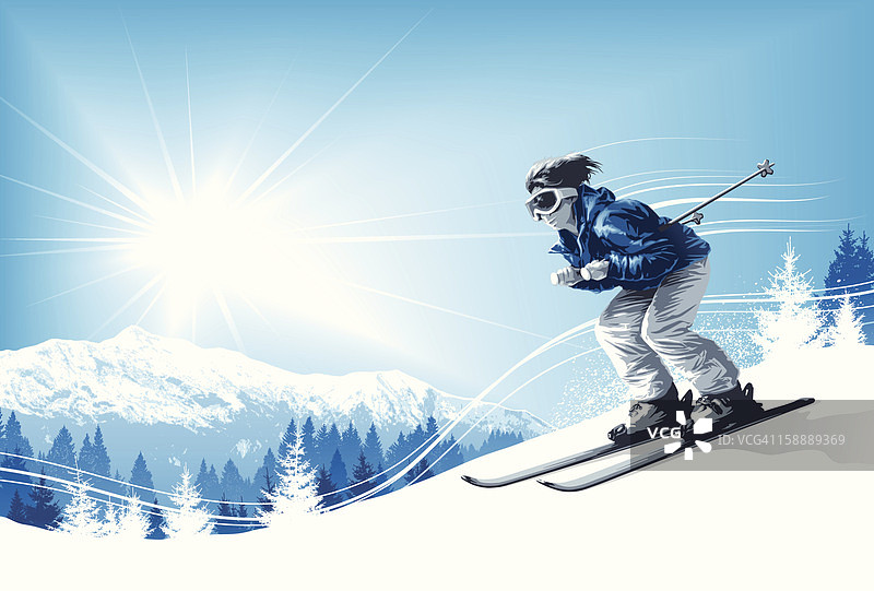 有阳光和高山的滑雪者图片素材