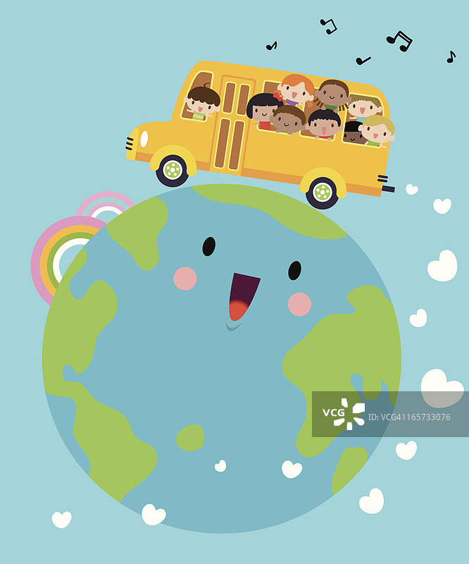 校车上快乐微笑的多元文化孩子图片素材