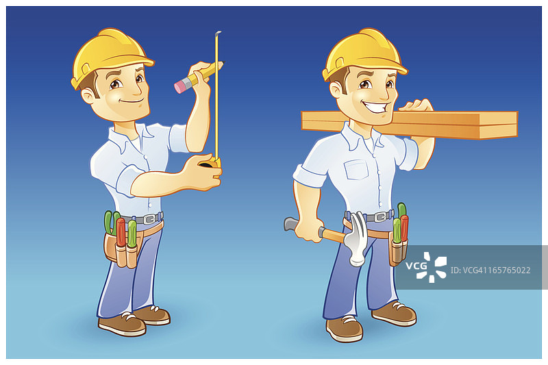 修理工，杂工，建筑工人戴安全帽和工具带图片素材