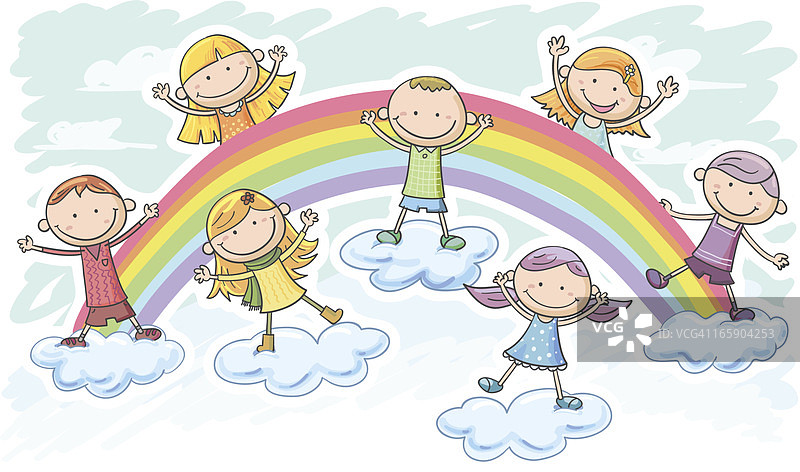 彩虹上的小男孩和小女孩图片素材