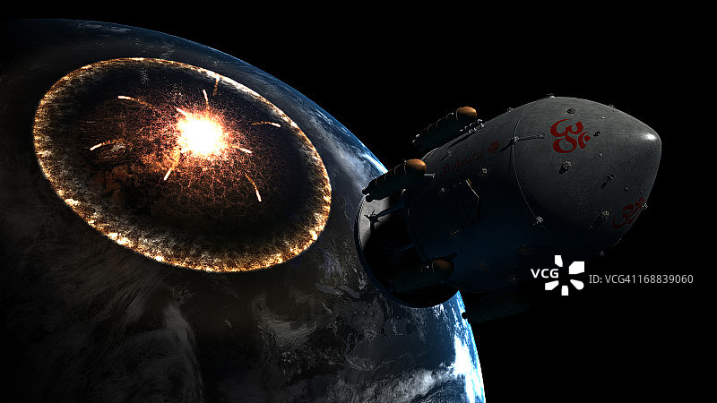 猎户座驱动的宇宙飞船离开被彗星撞击的地球。图片素材